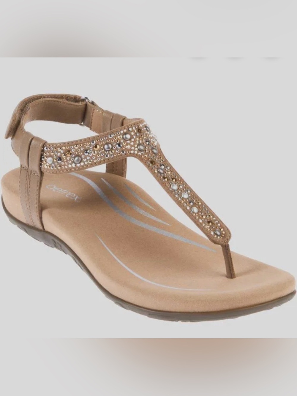 Aetrex Lindsey Rhinestone T-Strap Orthotic Sandals Champagne Beige size 10